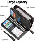 Lux Waxed Leather Wallet For Women With RFID Blocking Large Bifold Card Holder And Wristlet Clutch open showing slots and compartments.