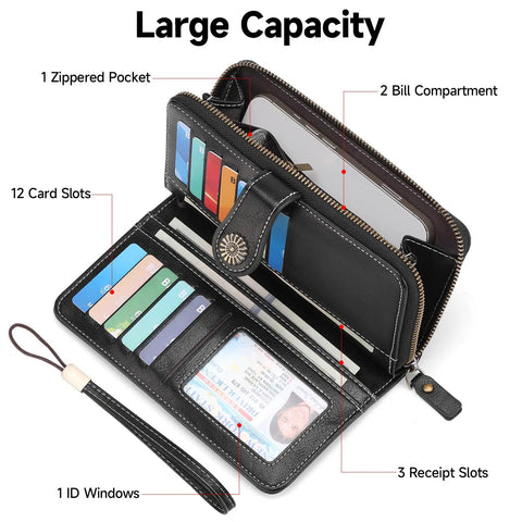 Lux Waxed Leather Wallet For Women With RFID Blocking Large Bifold Card Holder And Wristlet Clutch open showing slots and compartments.