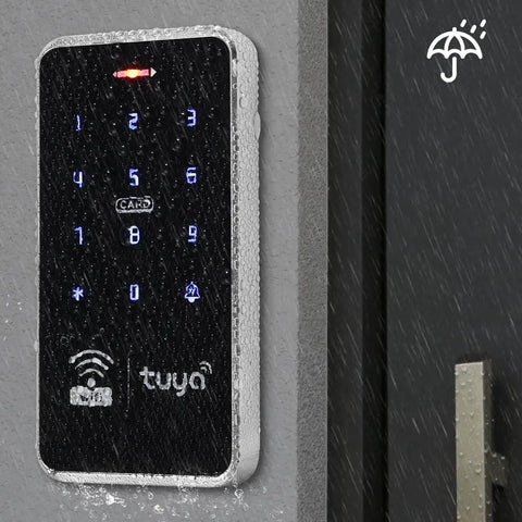 Waterproof Access Control Keypad For Home Security System With Tuya Smart Remote Unlock Corded Power Smartphone Compatible Includes 10 Silver Key Rings Compact 140x70x16mm Build No Fuss Setup For Easy Mounting shown installed on wall by door