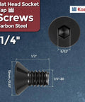 25 Pcs Flat Head Socket Cap Screws 1/4-20 X 1/2 Black Carbon Steel Countersunk Bolts For Automotive Repair Furniture Fixes And Industrial Equipment Projects, showing dimensions and black oxide finish.