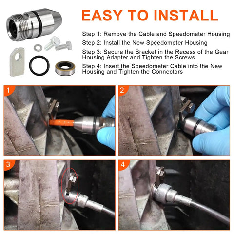 Installation steps for Speedometer Housing Kit For TH350 Transmission Fits 1969 And Up Turbo 350 with leak-proof seal shown.