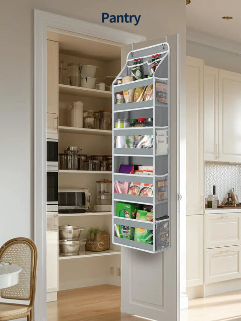 Five Tier Over The Door Organizer with Clear PVC Windows for Stuffed Animals and Everyday Storage; shown in pantry.