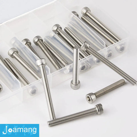 M6 Beefy Stainless Steel Socket Head Cap Screws Set 304 Grade Fully Threaded 40 45 50 55 60mm Lengths Hex Allen Drive Bright Finish 25 Piece Assortment Kit For Machinery And DIY Projects displayed in a plastic box