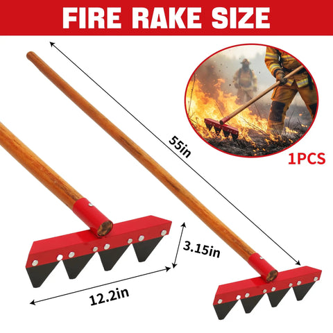 Built Tough Fire Rake With 55 Inch Wood Handle, 12.2 x 3.15 inch red head, used for wildland firefighting and garden cleanup.