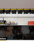 Overhead Garage Ceiling Storage Rack System For 6 Bins Heavy Duty Powder Coated Tote Shelving Set installed in a garage