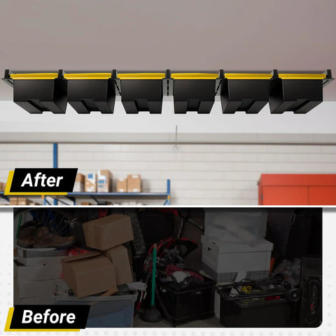 Overhead Garage Ceiling Storage Rack System For 6 Bins Heavy Duty Powder Coated Tote Shelving Set installed in a garage