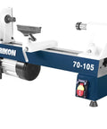 Rock Solid Heavy Duty Mini Lathe Featuring Half Horsepower Motors And Knockout Precision Built For Hardcore Woodworking Projects With Easy Speed Tweaks And Self Ejecting Tailstock That Crushes Every Crafting Task Effortlessly, showing blue and white mini lathe with motor and tailstock.