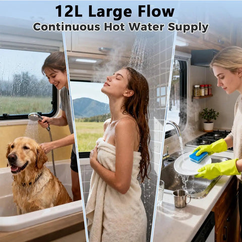 Dope 12V Tankless Water Heater Pumping Smooth Hot Flow For Your Camping Rig Using Smart Digital Thermostat Tech And 55000 BTU Muscle For Van Life Adventures, showcasing different uses in an RV.