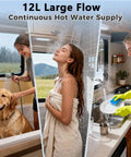 Top Shelf Tankless Water Heater 12V DC 55000 BTU For Campers With Smart Temp Regulator And Snappy Hot Water On Tap For Your Camp Rig Or Rv Trailers Versatile Outdoor Use, showing various uses for hot water.