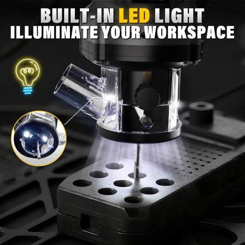 Cordless Drywall Cut Out Tool for 20V Batteries with built-in LED light illuminating a drilling surface