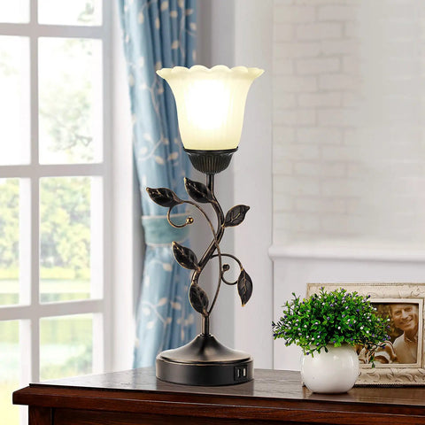 Touch Bedside Lamp With Dual USB Ports And 3 Way Dimming, Vintage White Glass Shade Leaf Design For Bedroom Or Living Room.