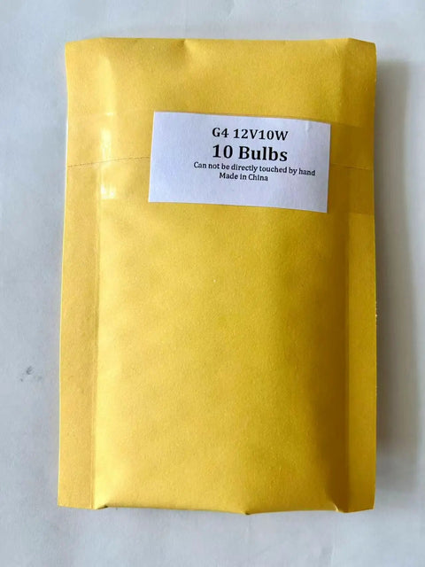 Pack of 10 G4 12V 10W halogen bulbs in yellow packaging, labeled for landscape lighting use.