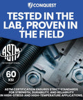 Promotional image highlighting ASTM 60 KSI certification with threaded rods, nuts, and ruler, showcasing strength and durability standards.