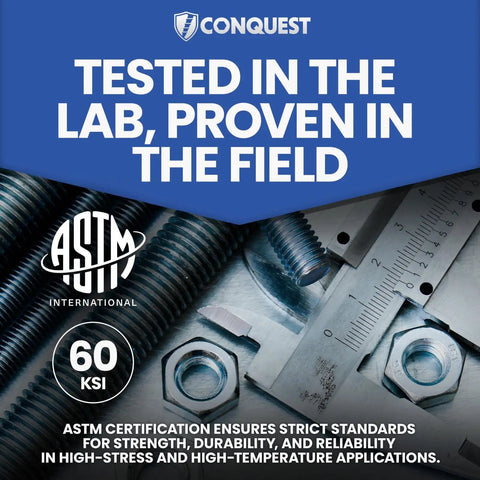 Promotional image highlighting ASTM 60 KSI certification with threaded rods, nuts, and ruler, showcasing strength and durability standards.