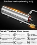 Instant 240V 6kW Tankless Electric Water Heater with stainless steel body showcasing self-modulating tech and protection features.