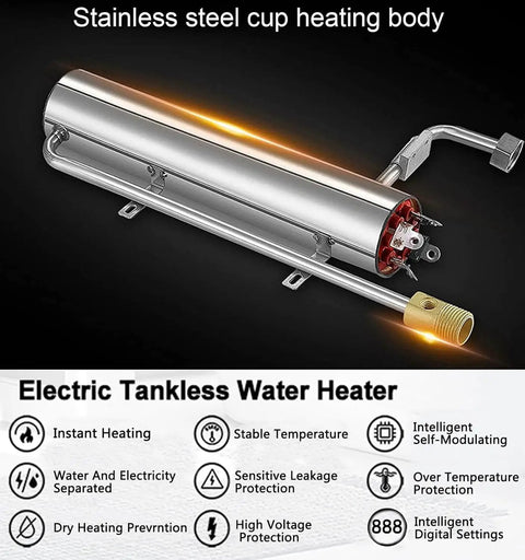 Instant 240V 6kW Tankless Electric Water Heater with stainless steel body showcasing self-modulating tech and protection features.