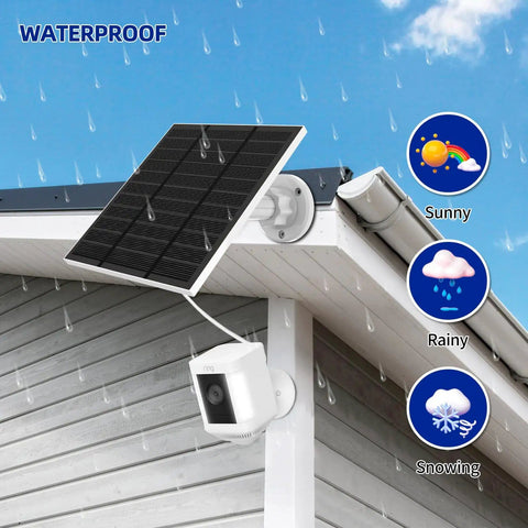 Outdoor Camera Solar Panel Charger 5W 5V With USB C And Plug For Spotlight Cam Plus And Stick Up Cam Pro Waterproof IP65 shown in rainy weather