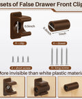 False Drawer Front Clips Set Dark Brown 8 Pieces With Screws, showing clips, dowels, and screws dimensions