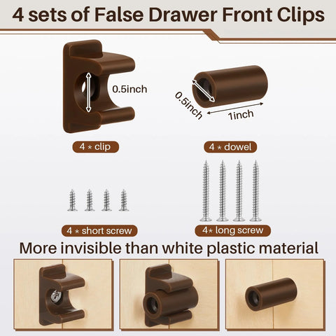 False Drawer Front Clips Set Dark Brown 8 Pieces With Screws, showing clips, dowels, and screws dimensions