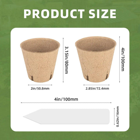 Biodegradable Seed Starter Pots Kit With 70 Plant Labels And 70 Pcs 3.15 Inch Peat Pots With Drainage Holes For Seedlings, Herbs, Vegetables And Flowers, No Transplant Shock Garden Starter Set displayed with dimensions.