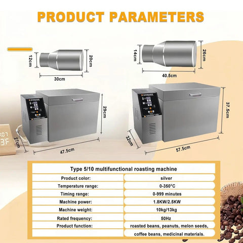 Heavy Duty Electric Nut And Coffee Bean Roaster With Thumb Turn Temp Dials Auto Shutoff Nonstick Drum Pan dimensions and product parameters.