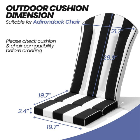 50x20 Inch Adirondack Chair Cushions Set Of 2 Outdoor Rocking Cushions All Weather Waterproof Fade Resistant High Back Patio Replacement Cushions Black Stripe Yarn Dyed Skin Safe PFAS Free, showing dimensions for cushion fit.