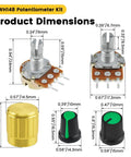 128 Piece Potentiometer Kit For DIY Audio Builds Includes 15mm Linear Pots In 1K 2K 5K 10K 20K 50K 100K 200K 250K 500K And 1M Plum Knob Caps Aluminum Alloy Knobs Nuts And Washers For Easy Tone Control Builds product dimensions showing potentiometers and knobs.