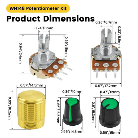 128 Piece Potentiometer Kit For DIY Audio Builds Includes 15mm Linear Pots In 1K 2K 5K 10K 20K 50K 100K 200K 250K 500K And 1M Plum Knob Caps Aluminum Alloy Knobs Nuts And Washers For Easy Tone Control Builds product dimensions showing potentiometers and knobs.