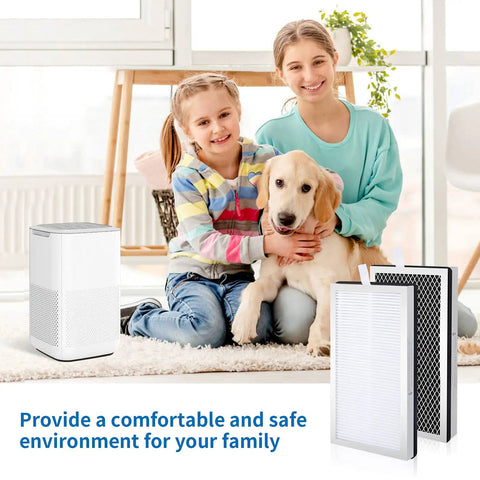 Smiling family with pet dog next to air purifier and 4 Pack Model 15 Air Purifier Replacement Filters For MA Series S1 W1 H13 True HEPA.