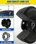 Solid Tire Set For Hand Trucks And Wheelbarrows With Ten Inch Flat Free Tires Size Four Point One Zero By Three Point Five Zero Four Five Eighths Inch Axle Bore Two Point Two Inch Hub Offset Includes Adapter Kit Two Pack