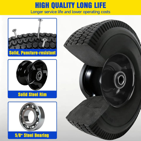 Solid Tire Set For Hand Trucks And Wheelbarrows With Ten Inch Flat Free Tires Size Four Point One Zero By Three Point Five Zero Four Five Eighths Inch Axle Bore Two Point Two Inch Hub Offset Includes Adapter Kit Two Pack