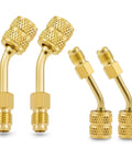 Four Pack Angled R410A Adapters For Mini Split HVAC Service Five Sixteenth Inch Female To One Quarter Inch Male Flare Fittings Pro Grade Easy Connect For Diagnostics And Maintenance, bronze angled adapters