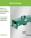 Greenlee Electric PVC Pipe Heater For 1/2 To 2 Inch Conduit showing full-length door and carrying handle for easy transport