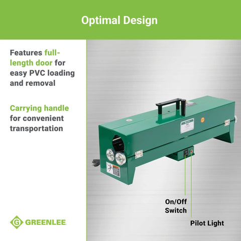 Greenlee Electric PVC Pipe Heater For 1/2 To 2 Inch Conduit showing full-length door and carrying handle for easy transport
