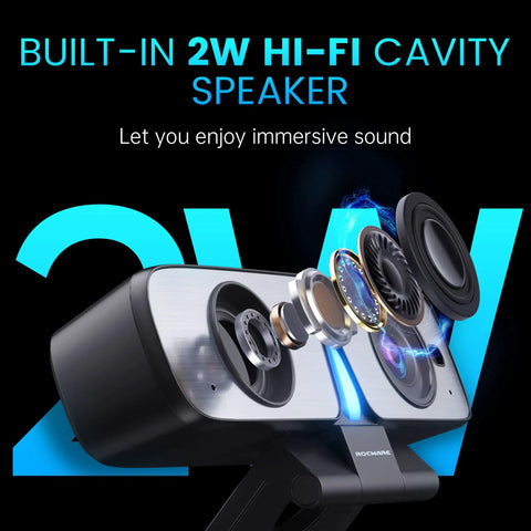Premium 2K Webcam With Built In Speaker And Noise Canceling Mic, Straight Up Crisp Video For PC, Zoom, Teams And Streaming, Privacy Shutter, Rapid Autofocus And Low Light Setup close-up of built-in 2W Hi-Fi speakers with elements explosed