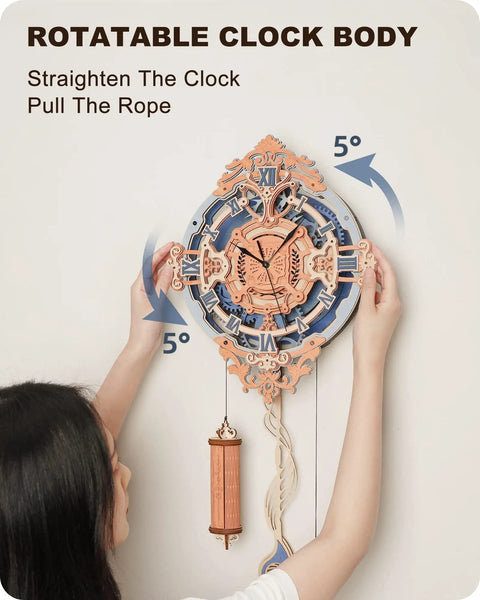 Dope 3D Wooden Clock Puzzle Kit For Adults And Teens DIY Wall Clock With Quartz Movement And Low Noise Pendulum Swing Real Wood Model Kit For Vintage Style Room Decor For Men And Women Home Office, rotatable wooden clock body on wall