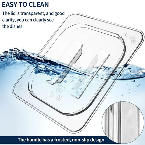 10 Pack 1/6 Size Crystal Clear Polycarbonate Food Pan Lids With Secure Handles Universal Restaurant Kitchen Covers submerged in water.