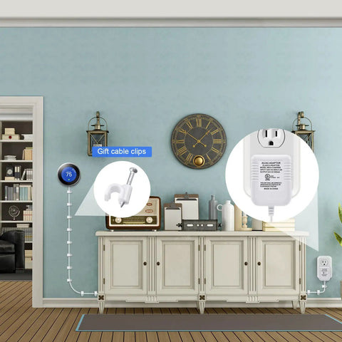 Plug In 24V C Wire Thermostat Adapter For Nest Ecobee Sensi Honeywell Smart WiFi displayed in a modern living room