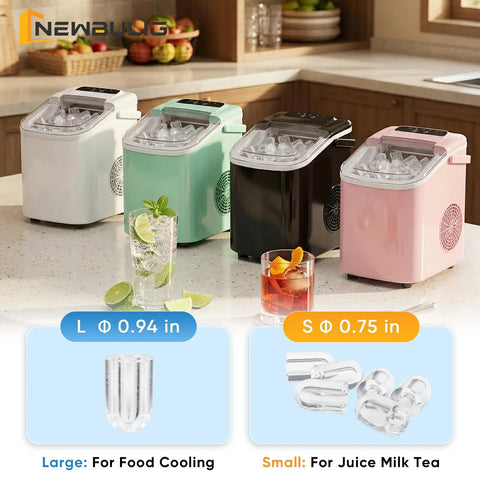Countertop Ice Maker With Handle, Fast 6 to 8 Minute Bullet Ice Cubes, Produces 26 Lbs Per Day, in four colors on a kitchen counter