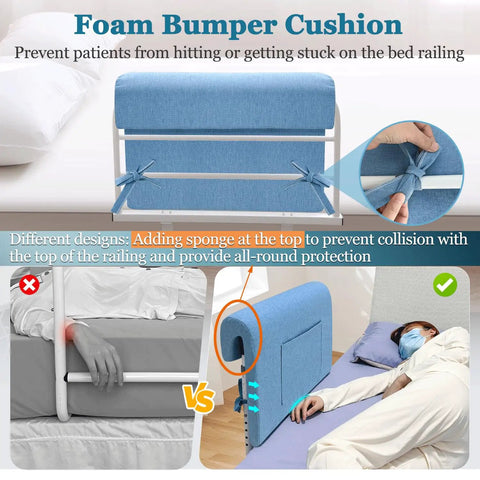 Thickened Two Pack Bed Rail Pads For Hospital Beds with blue cover, cushioned foam bumpers for safety, shown on bed rails.