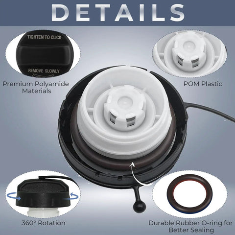 Details of Honda Gas Cap Replacement 17670-SHJ-A31 with POM plastic, 360° rotation, and durable rubber O-ring seal.