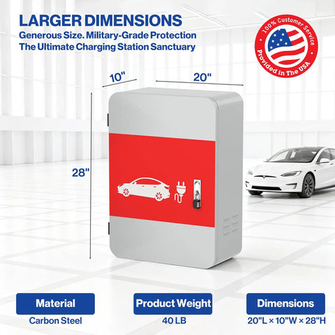 Heavy Duty Tesla Charger Enclosure Lock Box Featuring Rugged Wall Mount Security, carbon steel, 20x10x28 inches.