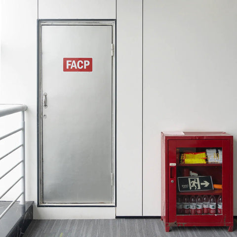 Fire alarm control panel sign on door beside red cabinet with fire extinguishers, highlighting emergency equipment location.
