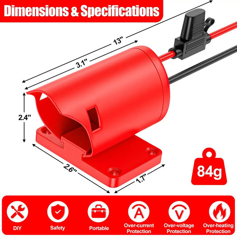 Battery Adapter For Milwaukee 12V Batteries With 14 Gauge Wire Terminals And Fuse Protection, showing dimensions 13" x 2.4"