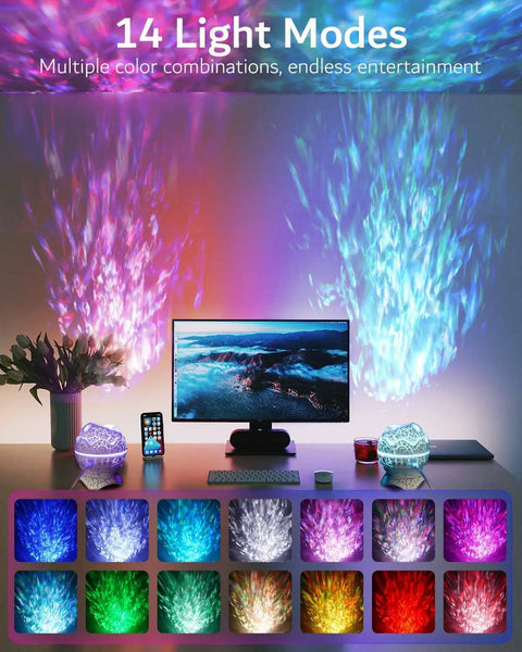 Dinosaur Eggs Galaxy Star Projector With Bluetooth Nebula LED Night Light showing 14 color modes on a desk setup, creating night sky vibes.