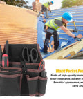 Top Shelf Electrician Tool Belt With Spacious Multi Pocket Waist Pouch Rugged Industrial Build and Slick Hustle Proof Fit, featuring black fabric with tools.