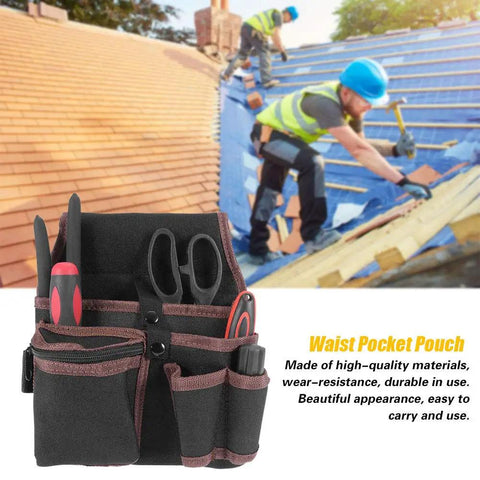 Top Shelf Electrician Tool Belt With Spacious Multi Pocket Waist Pouch Rugged Industrial Build and Slick Hustle Proof Fit, featuring black fabric with tools.