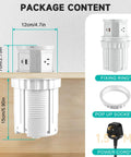 Splash Resistant Pop Up Countertop Outlet With 15W Wireless Charger And Dual USB Ports For Instant Plug And Play Setup Three Grounded Ac Outlets No Sweat Home Kitchen Upgrade White package content diagram showing dimensions.