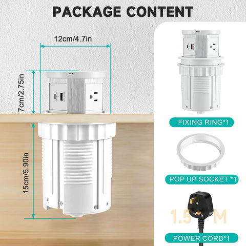 Splash Resistant Pop Up Countertop Outlet With 15W Wireless Charger And Dual USB Ports For Instant Plug And Play Setup Three Grounded Ac Outlets No Sweat Home Kitchen Upgrade White package content diagram showing dimensions.