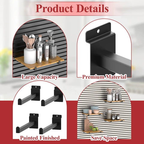 12 Inch Black Slatwall Shelf Brackets Set Of 18 Heavy Duty Metal Slatwall Hooks displayed with shelves on wall